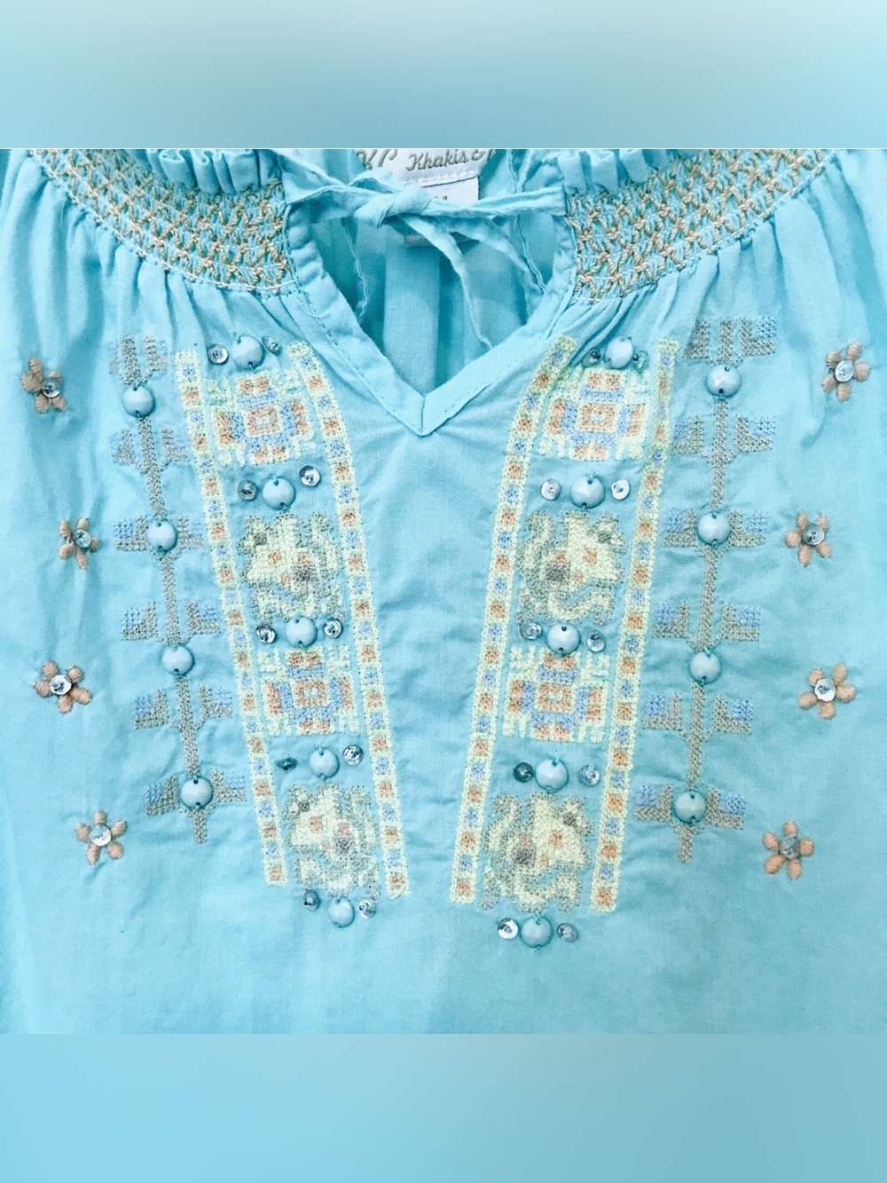 KC Khakis & Co. Womens M Mint Peasant Embroidered Beaded Short Sleeve Boho Top - Picture 5 of 10